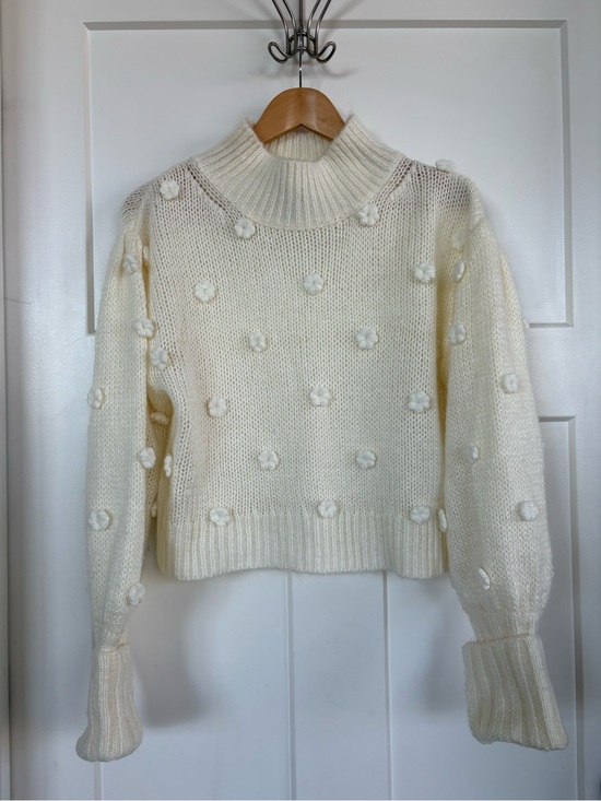FARM Rio Sweaters - Farm Rio Cream Handmade Flowers TurtleNeck Sweater w/ Appliqué Puff Sleeves S:M